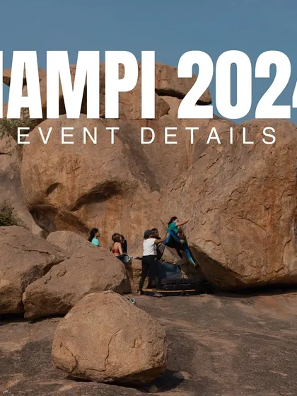 The text "Hampi 2024" overlaid on the iconic boulder fields. This location is central to our identity and the site of our biggest annual festival.