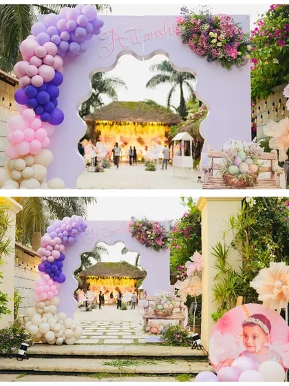 A grand entrance arch for Hitanshi's garden party, decorated with a beautiful gradient of purple and pink balloons, framing a picturesque view of the event inside.