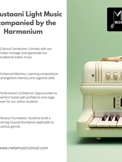 A graphic explaining how learning Hindustani music on the harmonium builds performance confidence and connects students to Indian heritage. My online students get performance opportunities too.