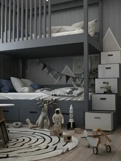 A modern and monochromatic bunk bed in grey. The design features stairs with large storage boxes, a safety railing, and ample play space around it, perfect for a contemporary kid's room.