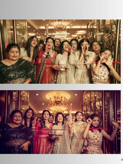 The bride's sisters and friends playfully blocking the groom's entrance, a fun tradition we love to photograph.