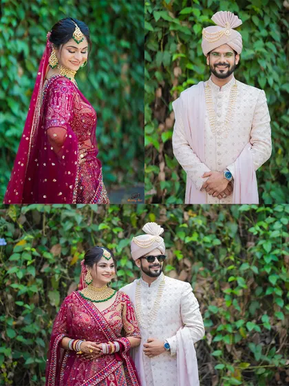 A collage of the bride and groom's individual portraits and a shot of them together, all set against a natural green backdrop.