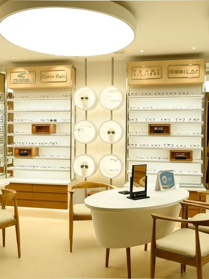 The optical retail and consultation area within the eye clinic. We designed clean, well-lit display shelves and comfortable seating areas to ensure a functional and pleasant experience for patients selecting eyewear.