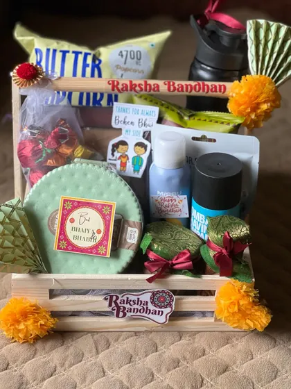 Another angle of the colorful Raksha Bandhan crate, showing the arrangement of all the fun items inside.