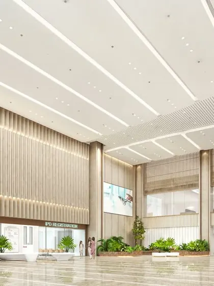 The pharmacy and retail area within the Yashoda Medicity lobby are seamlessly integrated. The vast, open space is designed to feel more like a high-end public building than a hospital, reducing patient stress and improving the overall experience.