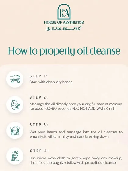 Here is how to properly oil cleanse. Start with dry hands and a dry face, massage the oil for 60-90 seconds, then emulsify with water until it turns milky. This process effectively breaks down makeup, sunscreen, and impurities before your second cleanse.