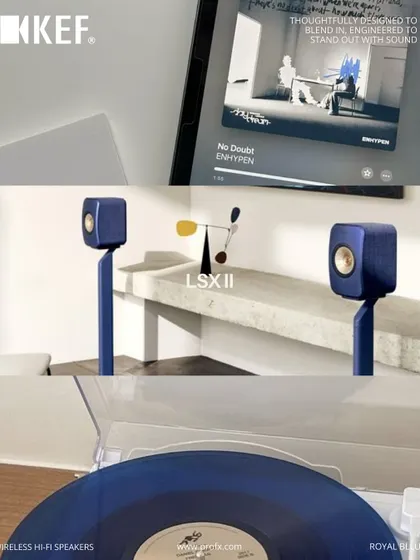 The KEF LSX II in Royal Blue, shown here with matching stands and a blue vinyl record. This system is designed to stand out with both its sound and its vibrant, modern style.