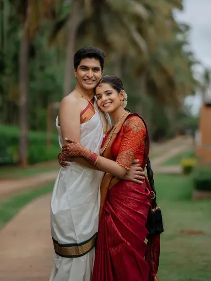 A sweet and simple portrait of the couple, their smiles saying it all. We believe in capturing the authentic happiness that radiates on a wedding day.