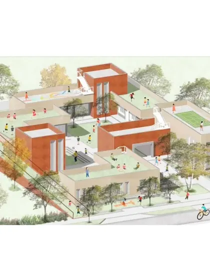 This render for Adarsh Gram shows how rooftops can be transformed into active play areas and green spaces, a key feature of our community-centric rural planning.