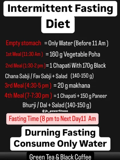 Day 1 of my Intermittent Fasting diet. This plan includes vegetable poha, black chana sabji, and paneer bhurji.