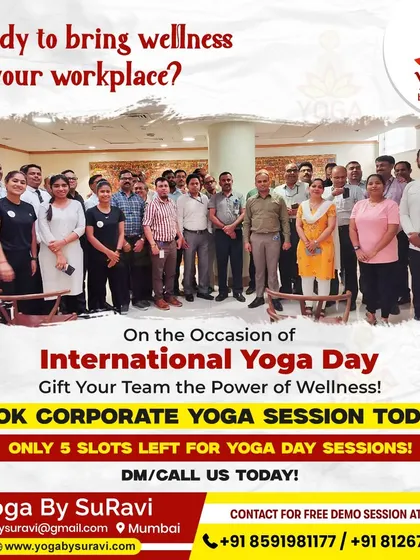 A snapshot from a corporate session on International Yoga Day. We create a supportive environment where team members can connect and de-stress together, fostering better team cohesion and morale.