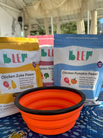 A perfect travel setup. Our meal pouches and a collapsible bowl are all you need to keep your pet fed and happy on any adventure.