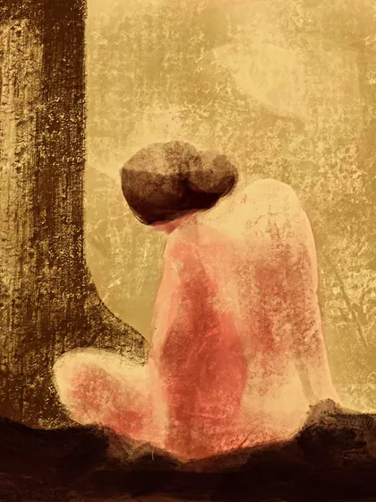 The final image for "Abstract 6." A lone figure sits by a tree, rendered in soft, earthy tones to evoke a sense of quiet contemplation.