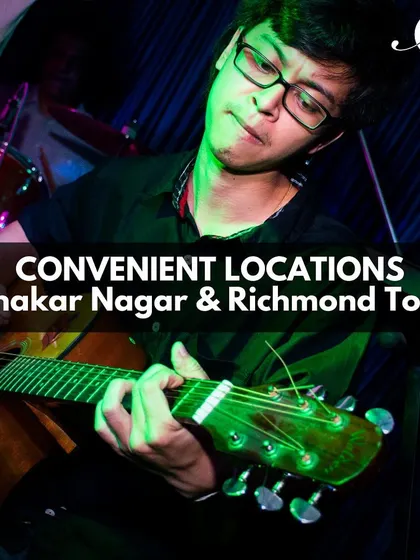 We offer offline guitar courses at our two convenient locations in Bangalore: Sahakar Nagar and Richmond Town. Join our group or private classes to learn in a hands-on, supportive environment.