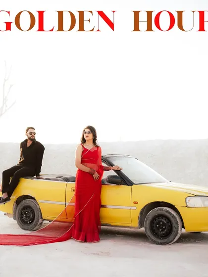 A single, powerful shot from the convertible car series, titled "Golden Hour," capturing a high-fashion, cinematic look for this couple's pre-wedding album.