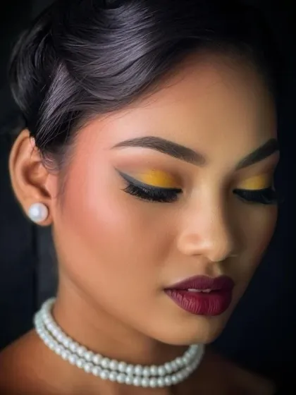 A close-up of the vintage eye makeup, showing the sharp winged liner and blended eyeshadow, key techniques for mastering this elegant style.