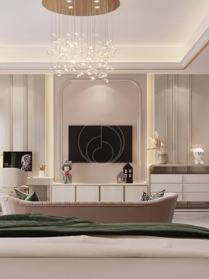 A beautifully appointed bedroom showcasing our signature style of quiet luxury. This space combines layered textures, a soothing color palette, and bespoke furniture to create a personal sanctuary for rest and relaxation.