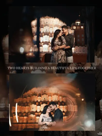 A creative collage featuring the couple at Hawa Mahal, using a lens-flare effect to create a dreamy, romantic atmosphere around the iconic landmark.