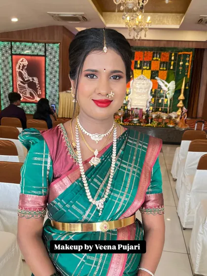 A full-view portrait, showing how the makeup, hair, and attire come together for a complete and elegant look for any special occasion.