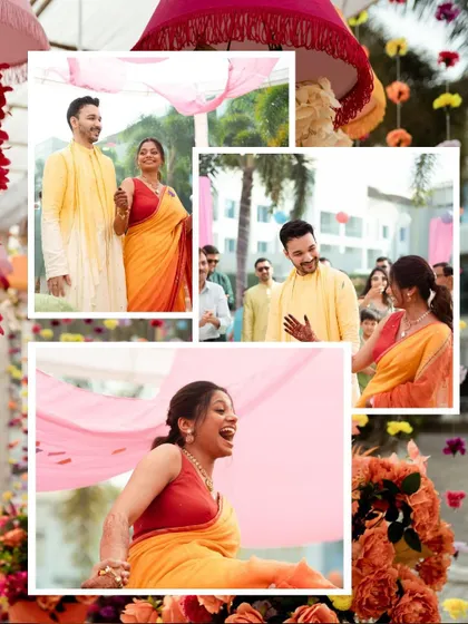 A collage showcasing the bride's vibrant personality during her Haldi ceremony. From dancing with joy to sharing smiles with the groom, it's a celebration of her happiness.