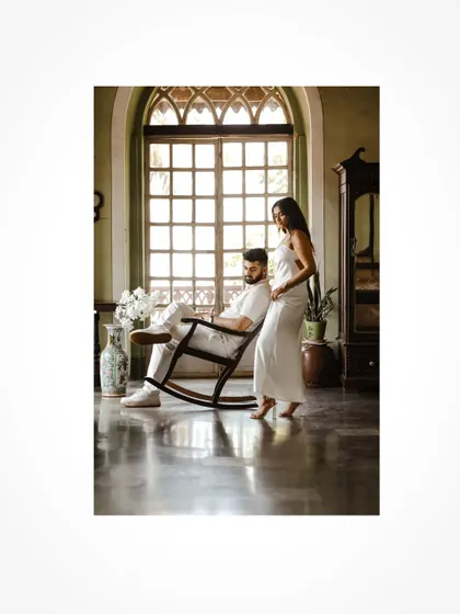 Using the beautiful interiors of a Goan heritage property to frame an elegant pre-wedding couple portrait.