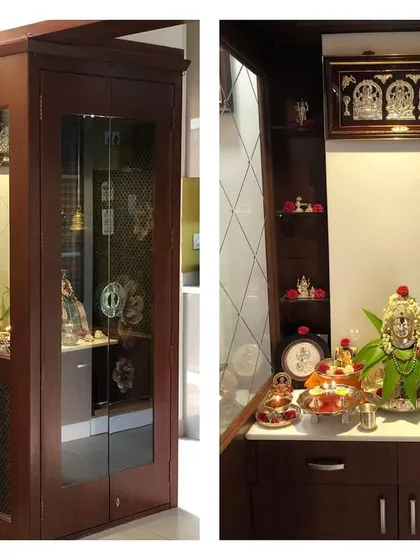 This split image displays a corner pooja unit, showing both the elegant exterior with glass doors and the beautifully decorated interior. The inside is well-organized with shelving and a marble-top cabinet for storing prayer essentials.