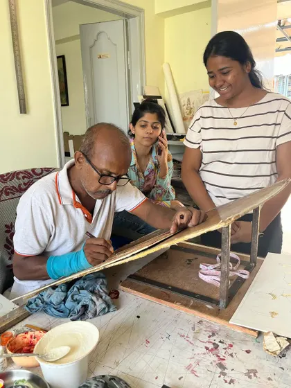 Our workshop is a place of learning and creation. Here, I am demonstrating a technique while my daughter Amulya observes.
