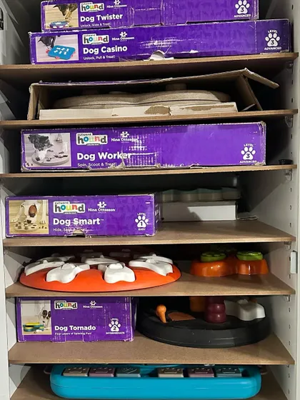 The library includes puzzles from top brands like Nina Ottosson, including the Dog Tornado, Dog Smart, and Dog Worker. There is something here for every skill level.