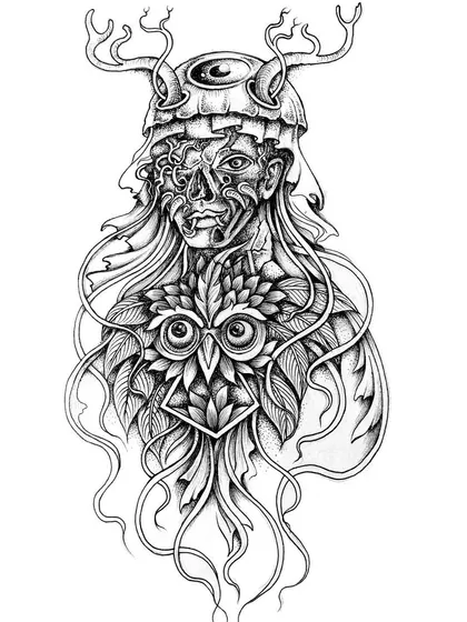A hybrid character combining a human face, an owl, and antlers. I enjoy creating these composite beings that feel like spirits of the forest, blending different aspects of nature into one form.