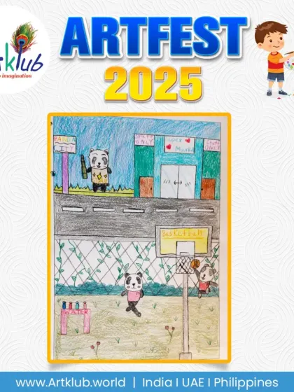 A fun basketball game between pandas, showing a playful and imaginative approach from a junior artist.