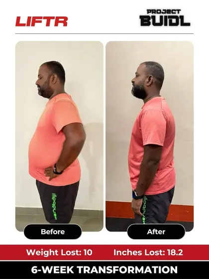 At 37, Saranraj thought it was too late to change, but he lost 10 kgs and 18.2 inches in 6 weeks. This side view shows his incredible transformation.