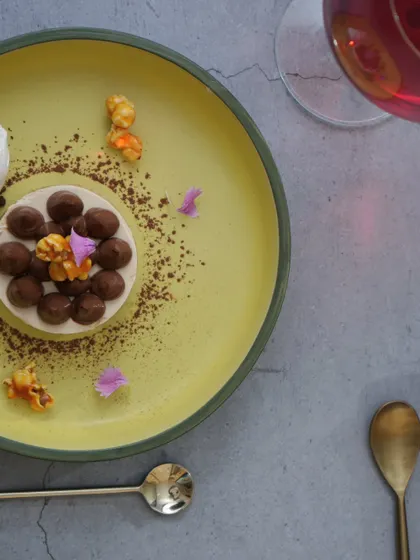 An overhead shot of my popcorn and chocolate mousse dessert. A playful and delicious treat.