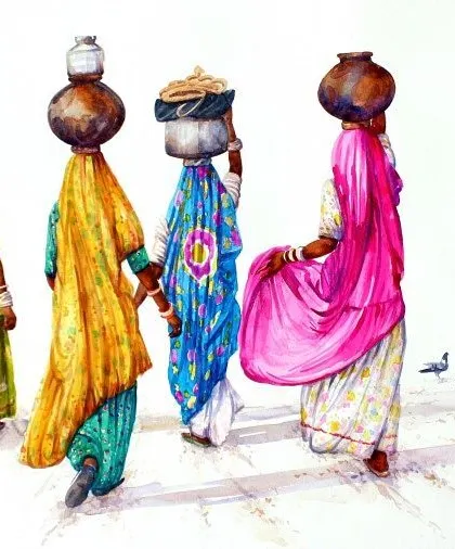 Siva Balan is a master of capturing the essence of Indian culture. This watercolor painting of women in a rural setting is alive with color and movement, telling a story of community and daily tradition.