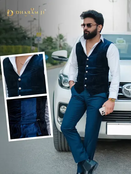 A full look of the blue velvet waistcoat paired with a crisp white shirt and tailored trousers. This is a great way to create a smart-casual look for a party.