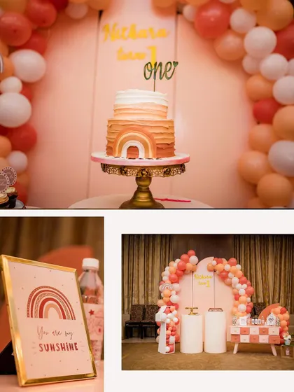 A collage of the decor from a rainbow-themed first birthday, showing the cake, backdrop, and a sweet "You are my sunshine" sign.