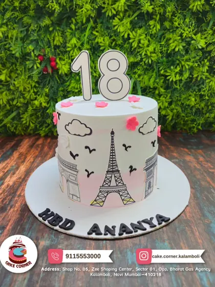 A chic Paris-themed cake for Ananya's 18th birthday. The hand-drawn Eiffel Tower and other landmarks create a sophisticated and dreamy vibe for this special milestone.