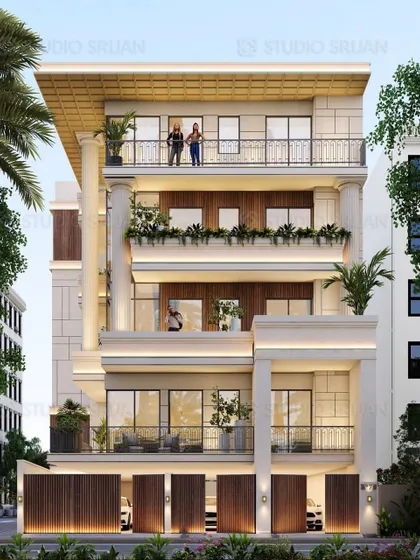 This 6006 sq. ft. residence in Naraina Vihar, New Delhi, blends modern design with classical elements like columns and detailed cornices, creating a timeless and luxurious exterior.