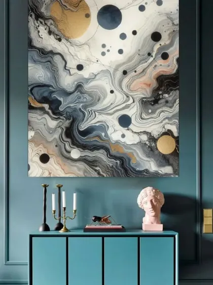A series from our Zen Art collection, featuring abstract fluid designs that evoke a sense of cosmic flow and balance. These customizable paintings are perfect for creating a peaceful and modern aesthetic in any room.