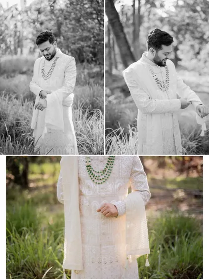 A collage showing the groom getting ready, adjusting his stole and looking sharp in his white sherwani.