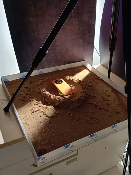 Another angle of the "Mars terrain" setup, showing how I used a single light source to create dramatic shadows in the sand.