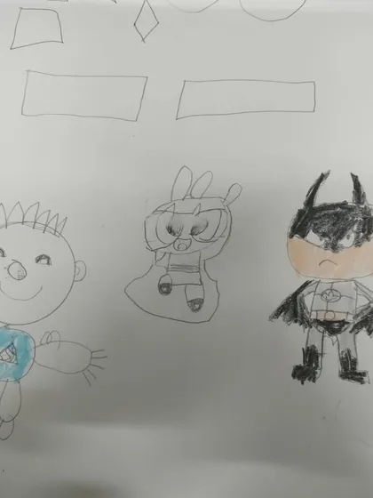 The amazing results from our online comic character drawing session. Kids learned how different shapes can be used to convey emotions, like cute or angry.