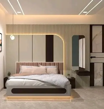 A 3D design concept for a modern bedroom. It features a bed with an upholstered headboard, integrated lighting, and a stylish wall paneling design that extends to the ceiling.