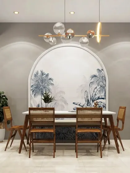 A beautiful dining area with a large arched mural depicting a tropical landscape. The wooden chairs with cane weaving add a natural, earthy element to the design.