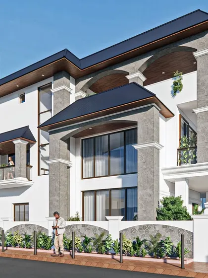 A series of images showcasing the "Veda Giri" residence, a beautiful traditional home design. The house features prominent columns, bay windows, and a distinctive sloped roof design, blending classical Indian elements with a modern sensibility.