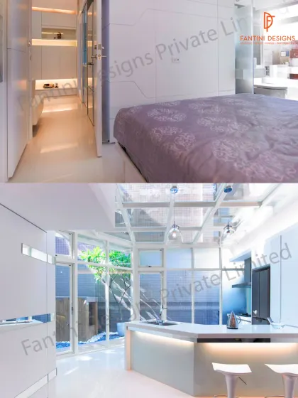 This collage shows different parts of a modern, white-themed home, including a glimpse of a bedroom with clean lines and a minimalist aesthetic, and an open-plan kitchen area.