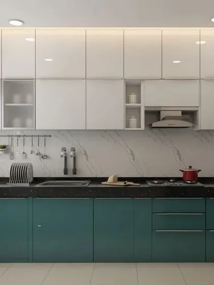 A 3D concept for a modular kitchen with a beautiful teal and white color combination and a black granite countertop. Visualizing the design helps in making the right material choices.