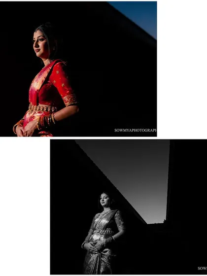 A diptych of artistic bridal portraits. The strong contrast between light and shadow creates a dramatic and modern feel.