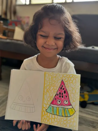 This delightful watermelon slice drawing is the work of a junior KG student. We start with simple outlines and then fill them with patterns and colours, making learning art a playful experience.