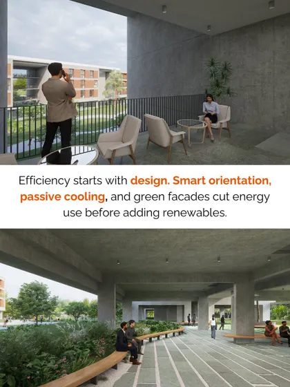 Efficiency starts with smart design. This graphic explains how strategic orientation, passive cooling, and green facades cut energy use before we even consider adding renewables.
