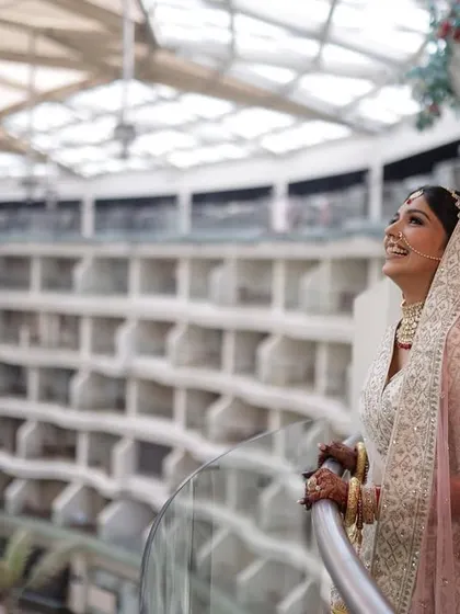 A joyful, upward glance. Her happiness is contagious.